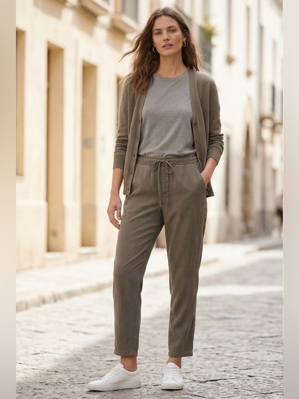 The Fisher Project Olive Taupe Tencel Ankle Pants Drawstring S Minimalist Earthy
